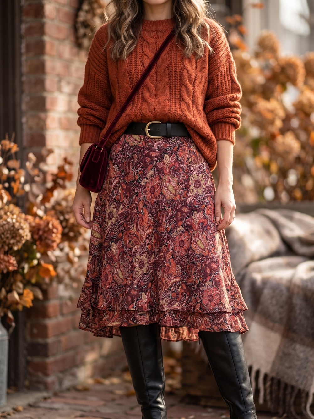 Vintage Petite Boho Revival Tiered Paisley Midi Skirt Prairie Fall Aesthetic